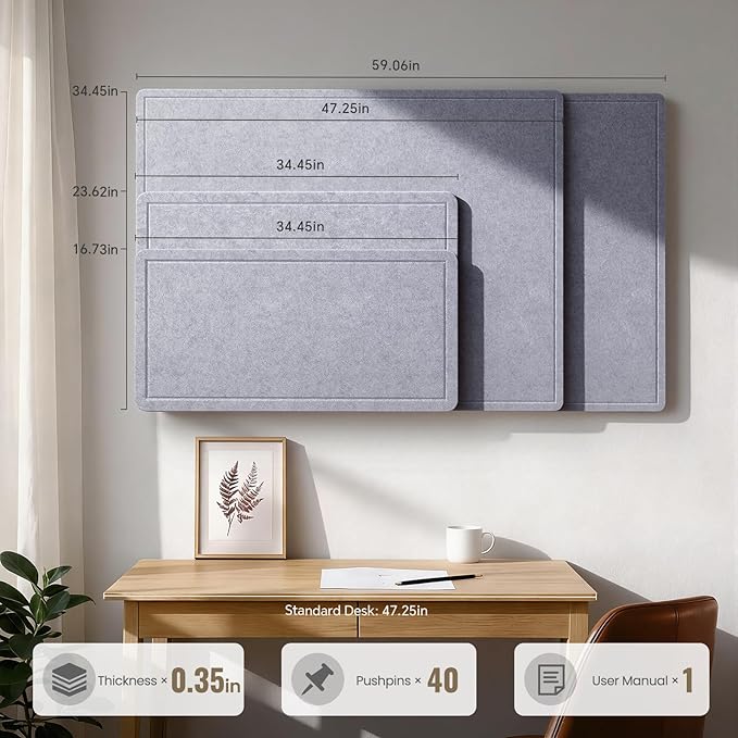 Large Bulletin Board, 35 X 17 Inches Felt Cork Board with 40 Pushpins, Foldable Felt Notice Pin Board Photo Display Board with Self-Adhesive Tape for Office Home School (Light Gray, 35x17 inch)