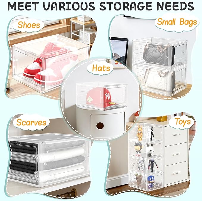 6 Pack Hat Organizer Box, Stackable Clear Baseball Caps Holder Box Containers with Magnetic Door for Hats Snapback Cap Storag, Hat Rack Display Case, Holds 8 Hats Each (Clear)
