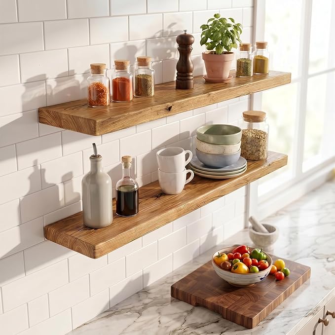 Floating Shelves 40" W x 8" D, Solid Elm Wood Shelves for Wall, 8 Inch Deep Floating Shelves, Rustic Wooden Bathroom Shelves 40" Long - for Living Room, Kitchen, Office, Set of 2, Heavy-Duty Bookshelf