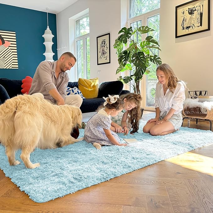 OLANLY 3x5 Machine Washable Small Bedside Rug, Soft Fluffy Shaggy Rugs for Living Room, Bedroom, Indoor Floor Carpet for Kids Girls and Boys, Preppy Dorms, Nursery, Home Decor Aesthetic, Light Blue