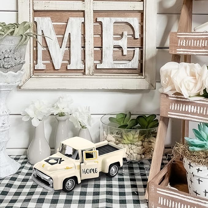 Vintage White Truck Decor with Heart Farmhouse Tiered Tray Decor Vintage Mini Truck Bookshelf Table Decors