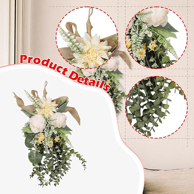 Qianly Artificial Floral Swag Garland Outdoor Indoor, Decorative, Flower Teardrop Wreath, Hanging for Office Holidays Festivals Wall, Champagne Color