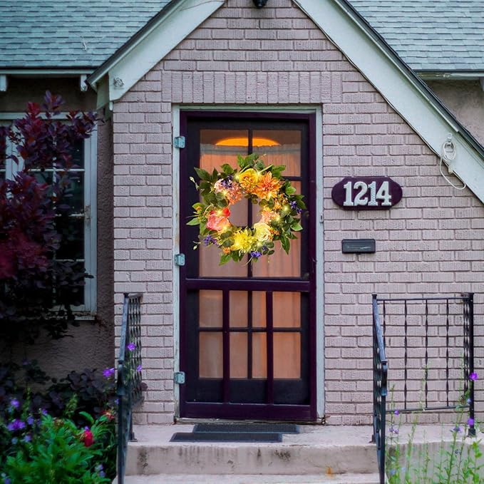 Svndlyn 22 Inch Lighted Spring Summer Wreath for Front Door,Dahlia Pinnata, Roses, Eucalyptus Leaves, Peony, Mixed Flowers,Artificial Wreath for Front Door Spring Outdoor Home Decor Easter Decor