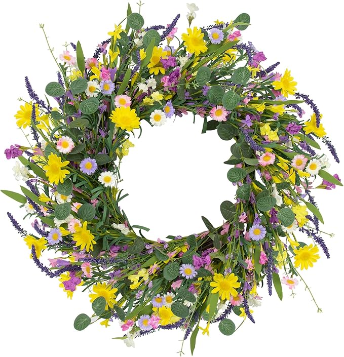 LLZLL Spring Decorations for Home 22" Spring Wreath Artificial Summer Wreaths with Eucalyptus Leaf Lavender and Daisy for Easter Indoor Outdoor Home Festival Celebrations