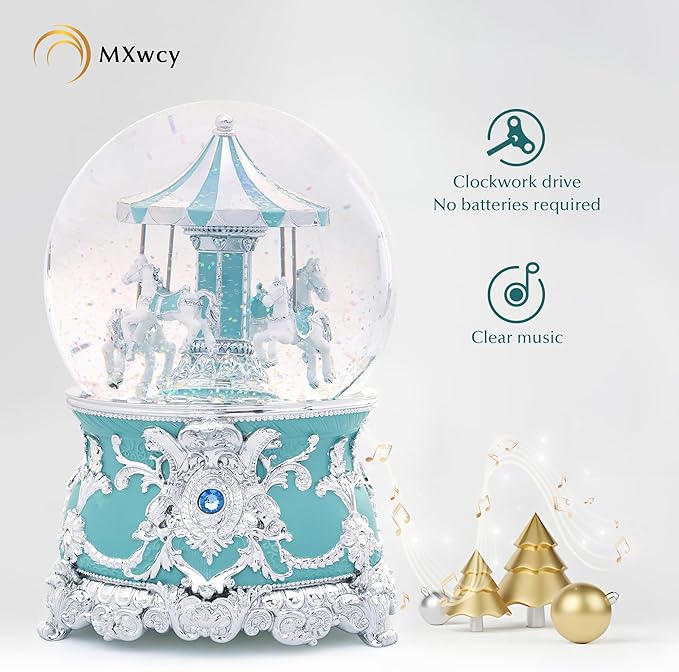 Carousel Music Box Silver Turquoise Christmas Snow Globes, 7.1" Glass Rotate Carousel Snow Globe for Kids & Adults, Classic Wind up Musical Snow Globe Valentines Day Gifts, Carousel Horse Home Decor