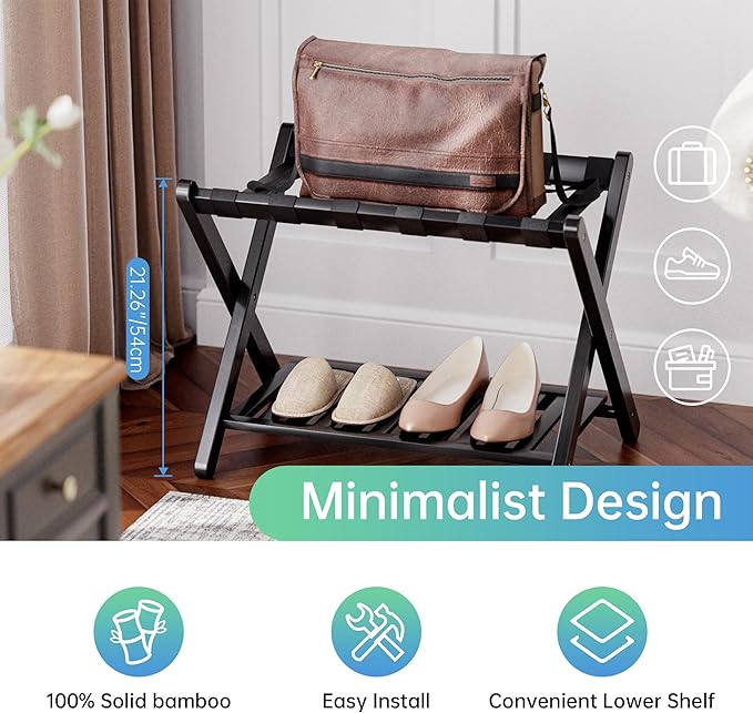 SMIBUY Luggage Rack, Set of 2, Foldable Bamboo Suitcase Stand with Storage Shelf for Guest Room, Bedroom, Hotel, Heavy-Duty (Black)