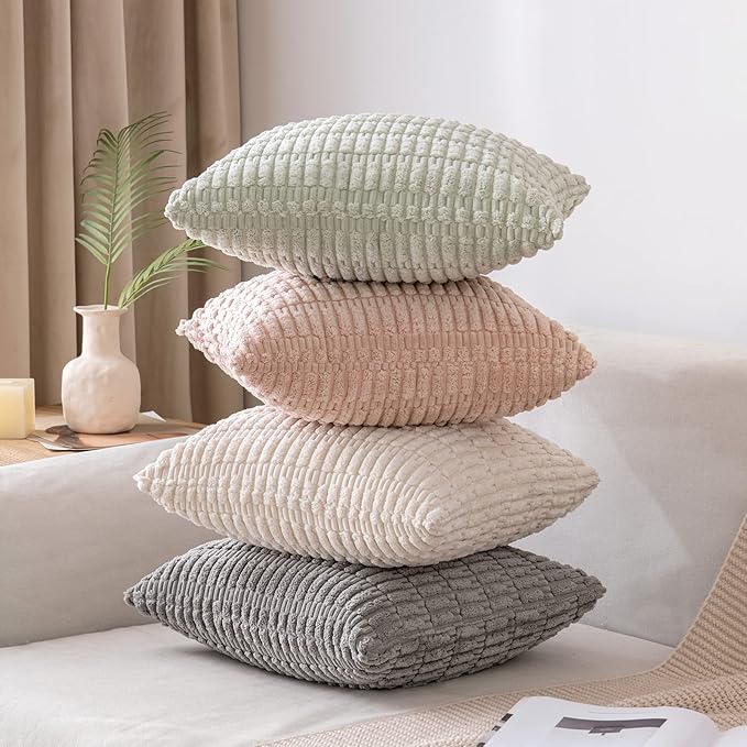MIULEE Pack of 2 Corduroy Decorative Throw Pillow Covers 12x12 Inch Soft Boho Striped Pillow Covers Modern Farmhouse Home Decor for Sofa Living Room Couch Bed Light Grey