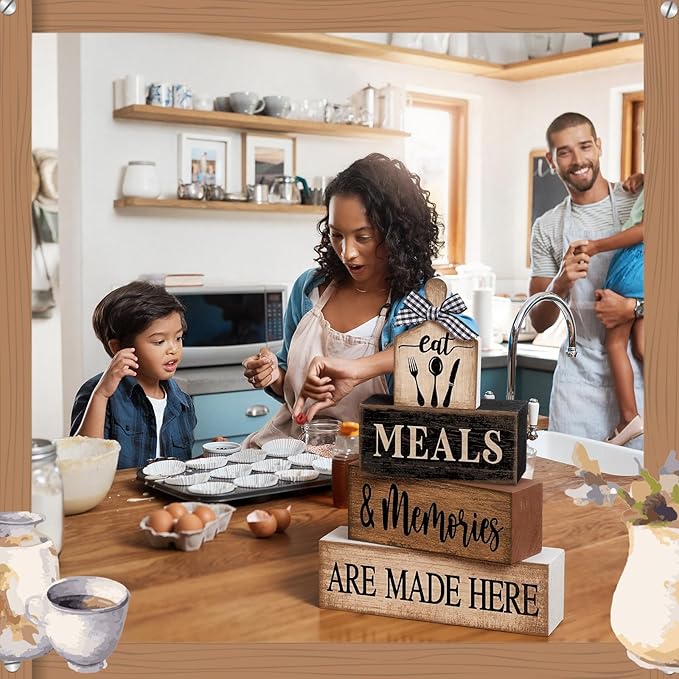 Moucuny 4 Pcs Farmhouse Kitchen Decor Wooden Plate Farmhouse Table Decor Black Brown and White Tableware Centerpiece Rustic Decorative Plates Stacked Block Sign for Display Cabinet Kitchen Decoration