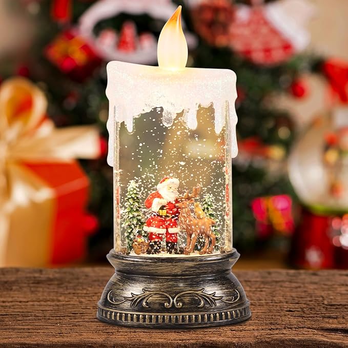 GenSwin Christmas Snow Globe Candle, Swirling Glittering Candle with Timer Music and Santa and Reindeer, Winter Snow Shaped Lantern, USB/Battery Operated Candles for Christmas Decoration