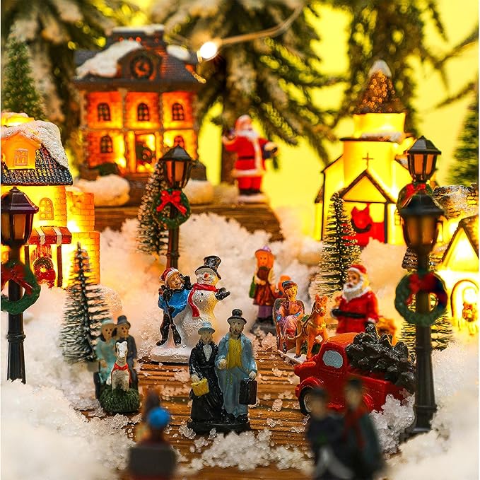 Wettarn 26 Pcs LED Christmas Villages Houses Sets Xmas Figurines Decoration Lighted LED Christmas Village Houses Building Collectible Home Decoration Xmas Gifts Indoor Room Decor