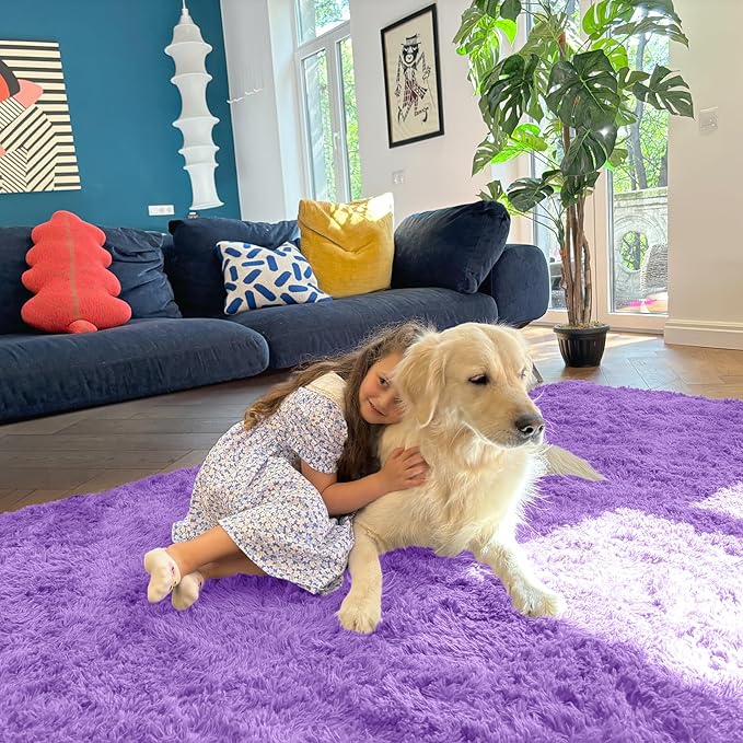 OLANLY 3x5 Machine Washable Small Bedside Rug, Soft Fluffy Shaggy Rugs for Living Room, Bedroom, Indoor Floor Carpet for Kids Girls and Boys, Preppy Dorms, Nursery, Home Decor Aesthetic, Purple