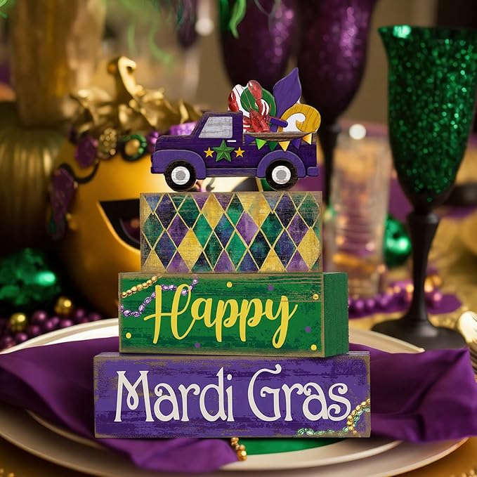 Lineshading 4 Pcs Mardi Gras Decorations Mardi Gras Table Centerpieces Wooden Truck Purple Golden Green Carnival Tiered Tray Decor Truck Block Signs for Masquerade Party Home Office Carnival Decor