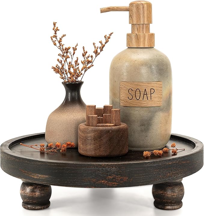 EOSAHR Pine Wood Farmhouse Display Risers for Bathroom Decor - Decorative Tray for Kitchen Counter Decor - Rustic Style Wood Pedestal Stand for Coffee Table (Distressed Black)