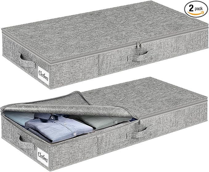 Under Bed Storage Container Bins 2 Pack, 4.5 Inch Slim Low Profile Underbed Clothes Storage Organizer for Dorm & Home, Use for Blanket and Toy Storage Box W/ Sturdy Bottom/Sides, Foldable Thick Fabric