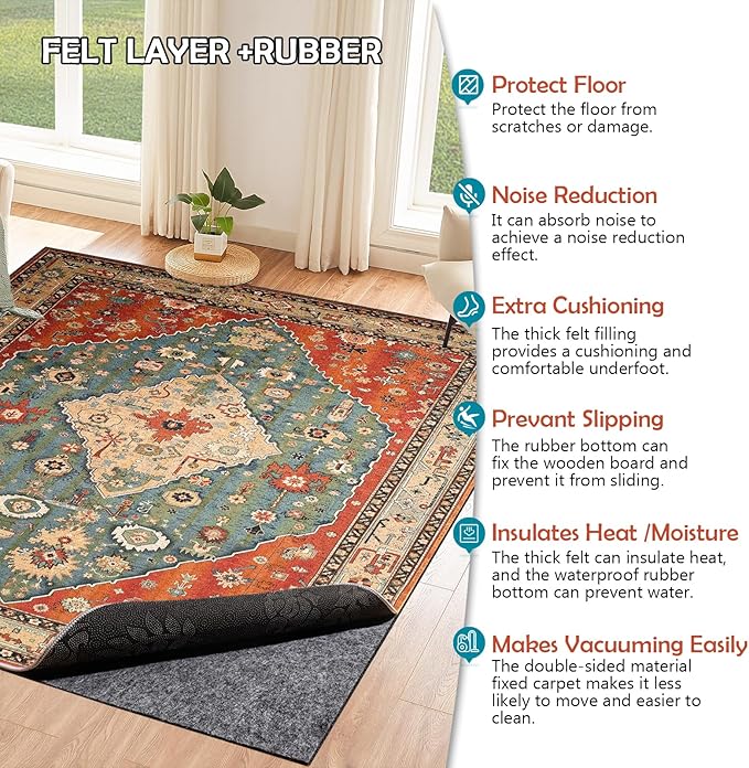 Waterproof Rug Pad, 10x14 ft Under Area Rug Carpet Pad, Non Slip Rug Pads for All Floors and Hardwood Floors Finishes, Keep Carpets in Place Soft and Prevent Rug from Wrinkling or Buckling