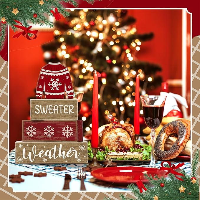 Lineshading 4 Pcs Christmas Table Decorations Ugly Sweater Christmas Decor Winter Tiered Tray Decor Xmas Centerpiece Decorative Ugly Sweater Block Signs Gift Farmhouse Xmas Decoration for Home Kitchen