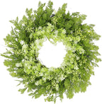 26" Spring Summer Greenery Wreath for Front Door, Large Green Wreath with Fern Leaves and White Flowers All Seasons for Indoor Outdoor Door Wall Window Porch Farmhouse All Season Home Decor