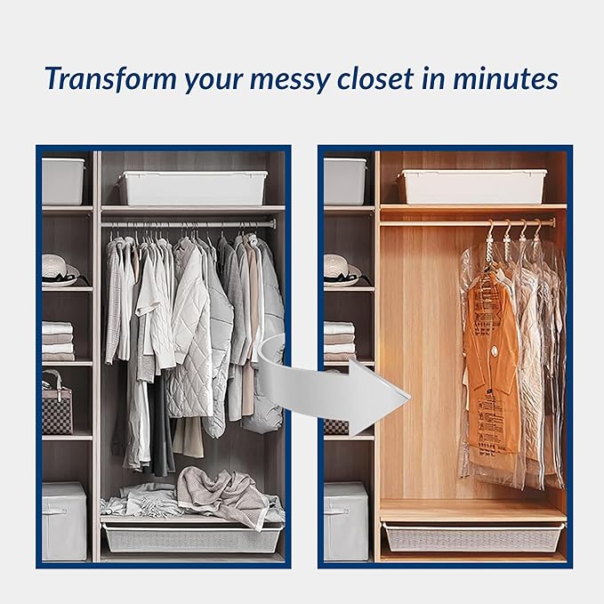 Hanging Vacuum Storage Bags for Clothes, Vacuum Seal Bags for Clothes with 5 Rings Each, Waterproof Compression Bags for Coats, Suits & Jackets, Space Saver Organizer, 4 Pack (41 x 27 in & 53 x 27 in)