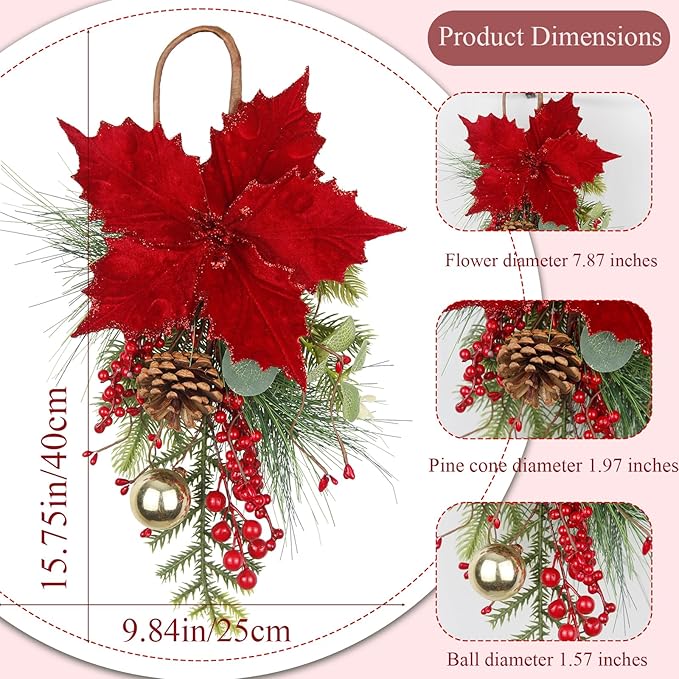 CITYES Christmas Swag Artificial Teardrop Swag Wreaths with Pinecones Red Berry Golden Ball Poinsettia Artificial Christmas Teardrop for Xmas Decor Front Door Outdoor Indoor Wall Mailbox