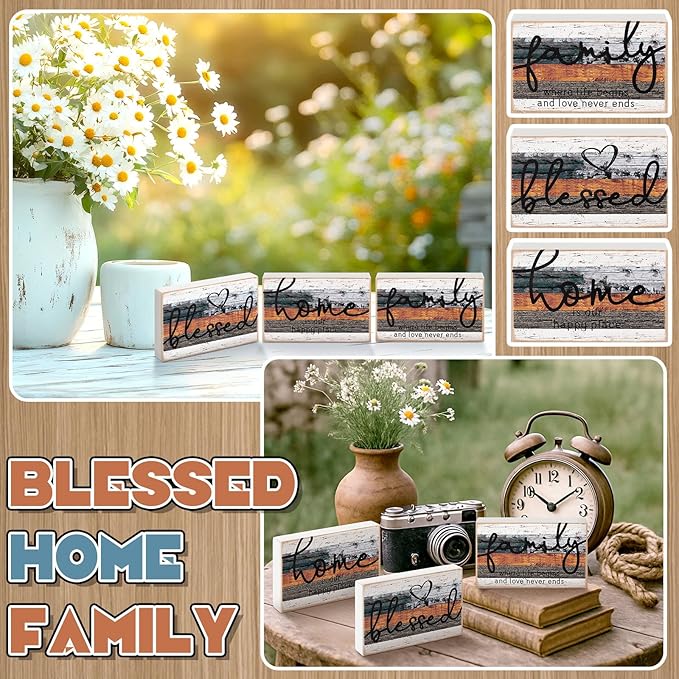 Jetec 3 Pcs Family Home Blessed Rustic Wood Sign Mini Heart Wood Decorative Sign Farmhouse Wood Decor Table Decorations Sign for Bedroom Kitchen Living Room Table Decor