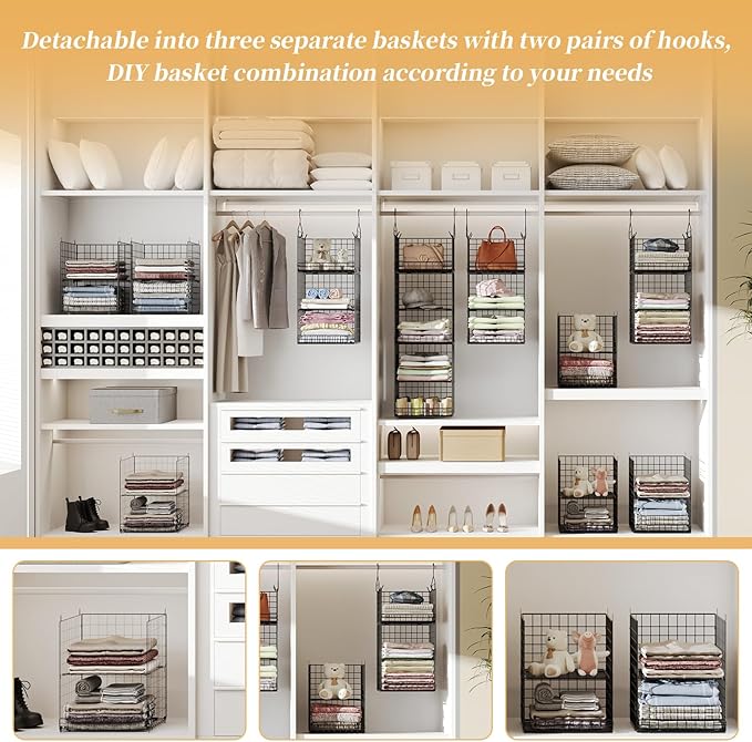 5 Tier Closet Hanging Organizer and Storage Separable Hanging Closet Shelves with 4 Hooks 2 Adjustable Dividers, Wire Storage Basket Bins for Clothing Sweaters Socks Dolls Handbags, Foldable