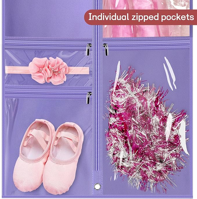 KIMBORA Costume Dance Garment Bag with 3 Clear Zipper Pockets for Suits Dress Cover, Travel Storage & Competitions, Set of 2 (Purple)