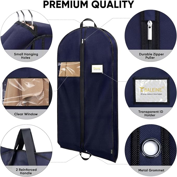 BALEINE 5PK Heavy Duty Garment Bag with Shoe Storage Travel Bag for Dresses, Suit, Coats Travel Essential (43", Blue)