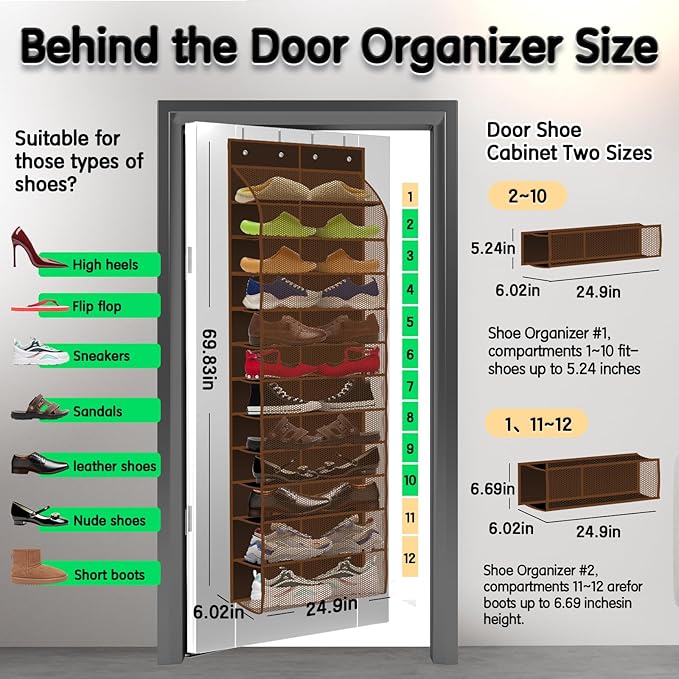 Over The Door Shoe Organizer with 12 Large Breathable Pockets - Durable Hanging Storage for the Entire Family's Shoes (Espresso)