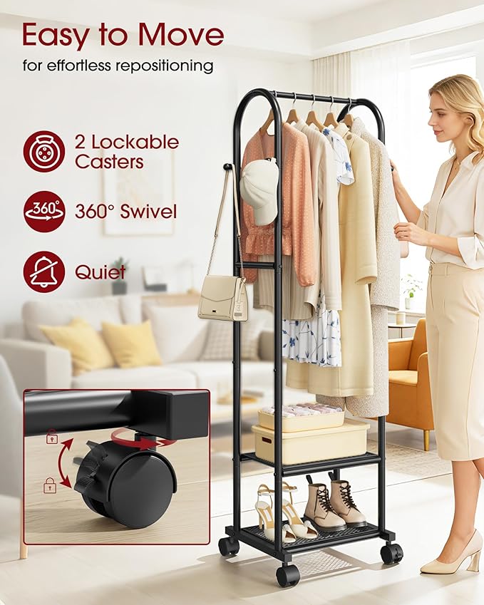 Heavy Duty Premium Clothes Rack with 2-Tier Mesh Shoe Shelves & 4 Hooks, Lockable Wheels, Space-Saving, Multi-Functional for Bedroom, Entryway, Closet, Modern Design, 18.4" x 12.6" x 72", Black