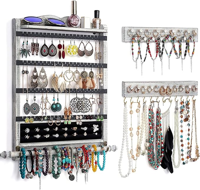 QILICHZ Wall Jewelry Organizer Set of 3 Jewelry Holder Jewelry Organizer Wall Mounted Wood Hanging Jewelry Wall Organizer Rustic Jewelry Hanger for Jewelry Storage Display