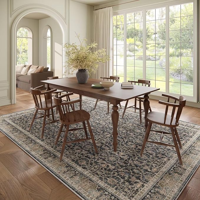 Washable 8x10 Area Rugs for Living Room, Boho Non-Slip Vintage Distress Large Rugs for Bedroom Dining Room Nursery Office, 0.3" Neutral Oriental Throw Thin Carpet, Black/Brown/Blue/Multi