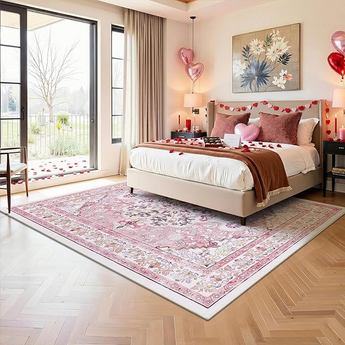 U'Artlines Pink Area Rug 5x7 Boho Washable Soft Carpet for Living Room Bedroom Dining Room Office Indoor Rugs for Home Decor