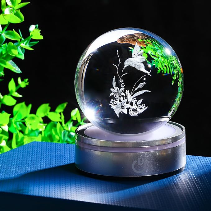 Movdyka 3D Crystal Ball Hummingbird Gifts for Women Men Glass Humming Bird Ornament Figurine Home Decor with Colorful LED Base for Hummingbird Lovers Nature Lovers - 3.15"/8CM