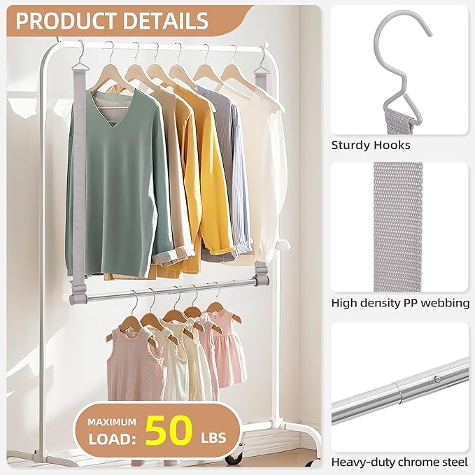 STORAGE MANIAC Hanging Closet Rod, Adjustable Width and Height Closet Hanging Organizer, Space-Saving Clothes Hanging Bar, Closet Extender Hanging Rod Double Closet Hanging Rod, 1 Pack Webbing