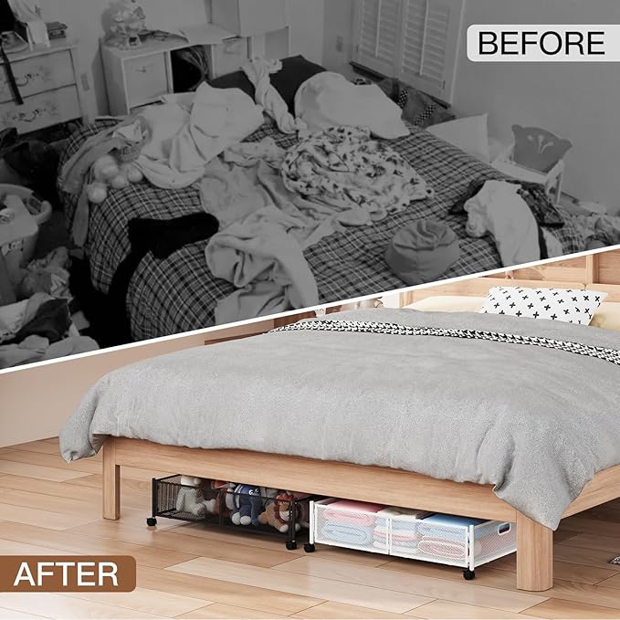 Under Bed Storage with Wheels, Foldable Metal Mesh Underbed Storage Container Bins, Tool-free Assembly Clothes Drawer Organizer, 2Pack