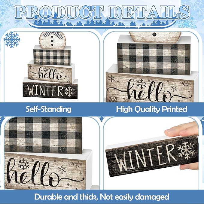 Moucuny 4 Pcs Snowman Christmas Decor Winter Table Decorations Christmas Tiered Tray Decor Winter Centerpiece Decorations Indoor Rustic Wooden Snowman Block Sign Gift Farmhouse for Home Kitchen Shelf