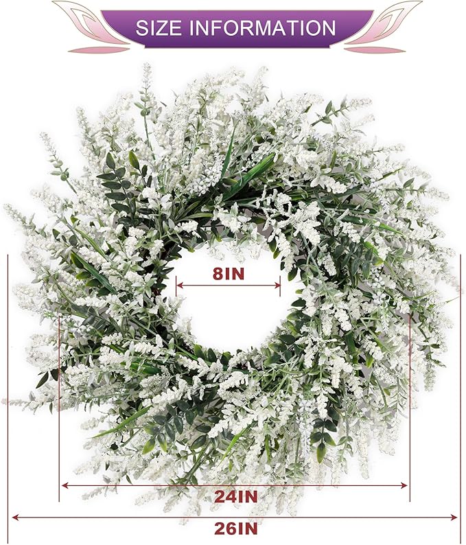 26'' Large Lavender & Eucalyptus Wreath for Front Door - Artificial Eucalyptus Leaves Greenery Outdoor Wreath for Wedding Farmhouse Porch Wall Room Home Decor (White)