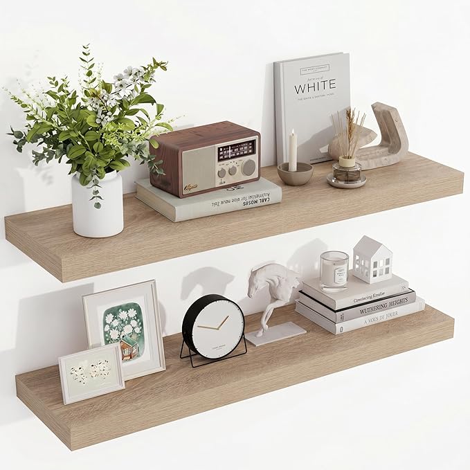 Acovy 36 Inch Floating Shelves, 3D Textured Wood Grain, 36"x9.25"x1.5" Inch Deep Floating Shelves for Wall, Wooden Shelves for Bathroom, Bedroom, Living Room, Vintage White Oak, 2 Pieces