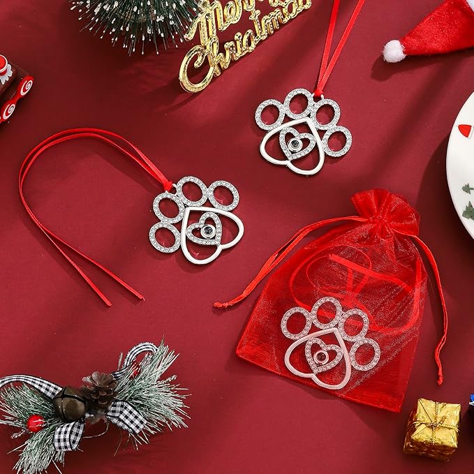 Set of 3 Christmas Hanging Ornaments - Silver Pawprint Christmas Ornaments Tree Decor for Xmas Tree Gift Decorative Hanging Ornaments Hanging Pendants (3, Silver Pawprint)