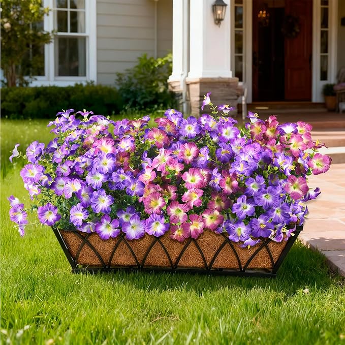 INQCMY Artificial Fake Flowers for Outdoor Spring Decoration,12 Bundles Faux Silk Colorful Morning Glory with Eucalyptus UV Resistant Realistic Fake Plants for Outside Planter Porch Patio Yard Garden