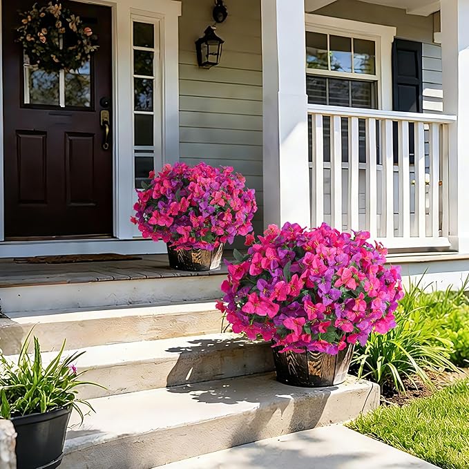 Faux Bougainvillea Artificial Flowers Plants for Outdoors Spring Decor, 4 Bundles Realistic Bougainvillea UV Resistant Faux Flowers for Outdoor Planters Porch Patio Window Garden Home, Fuchsia