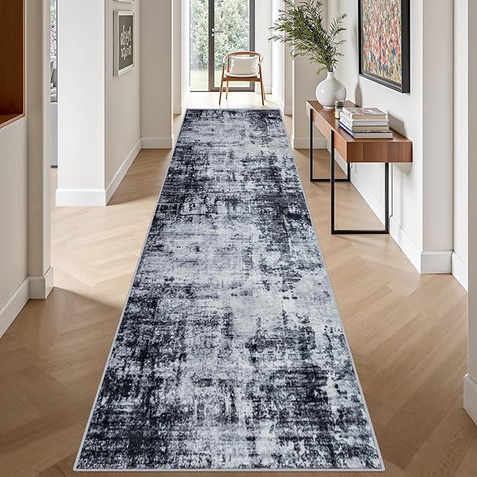 Washable Area Rug 3x14 Entryway Rug: Washable Modern Abstract Soft Thin Rug Indoor Floor No Slip Stain Resistant Carpet for Bedroom Dining Room Farmhouse Nursery Home Office - Dark Black