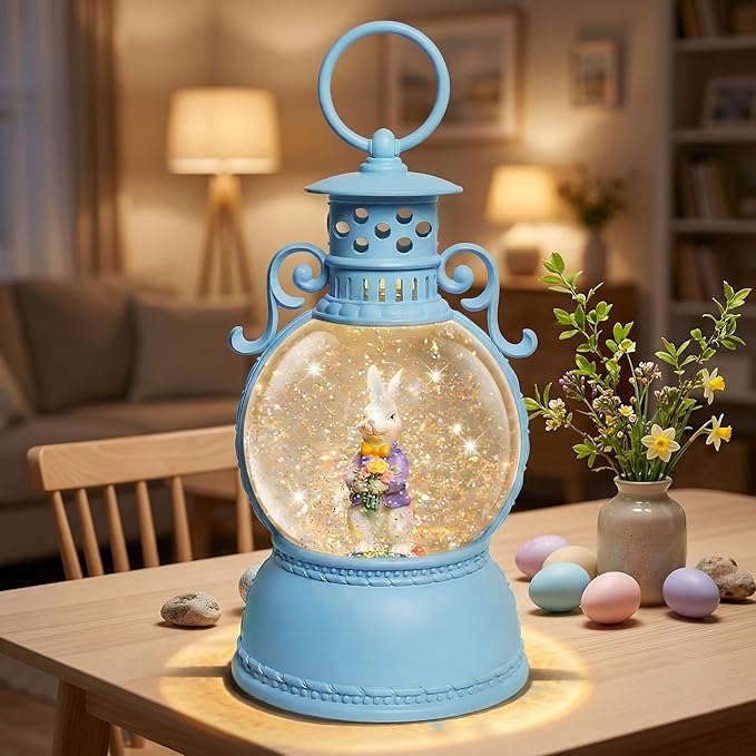 Easter Snow Globe Lantern, 9.4" Bunny Couple Lighted Snow Lantern with 6-Hour Timer, Battery or USB Powered, Spring Easter Decorations for Home, Easter Bunny Gift & Blue Easter Decor