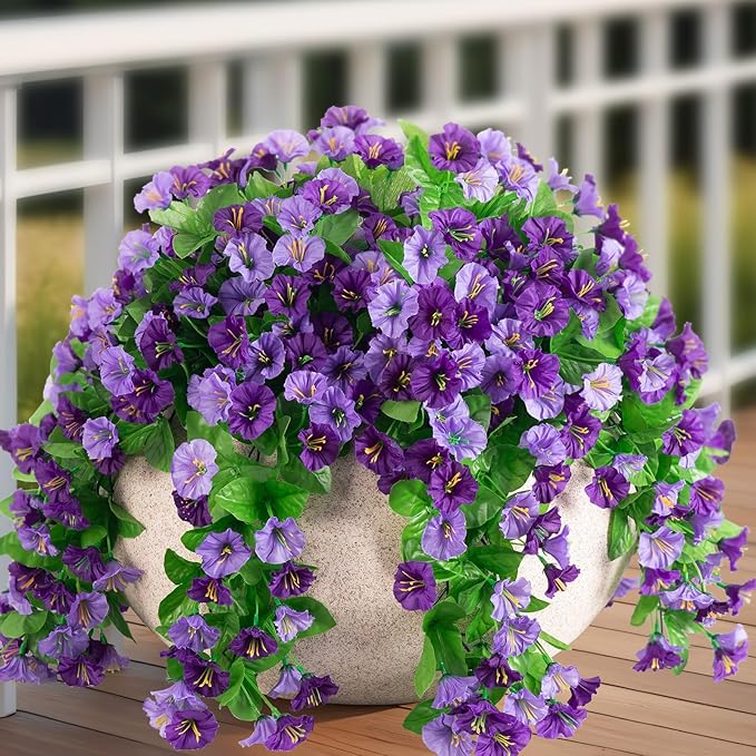 Artificial Fake Hanging Flowers Plants for Outdoor Decoration, 2PCS Faux Silk Morning Glory Long Vines Stems UV Resistant Look Real for Spring Summer Outside Home Porch Patio, Purple