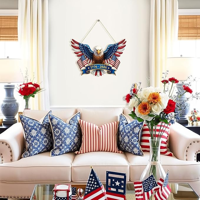 250 Anniversary 4th of July Decoration Door Wreath for Front Door Sign Patriotic Eagle Wall Signs 250 Years of Freedom 1776-2026,Independence Day Patriotic Day Wreath Memorial Day Hanging for Home