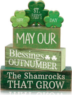 Lineshading 4 Pcs St. Patrick's Day Decor Wooden Shamrock Decoration Saint Patty's Day Tiered Tray Decor Rustic Wooden Shamrock Block Sign Irish Table Centerpiece Farmhouse for Party Home Kitchen