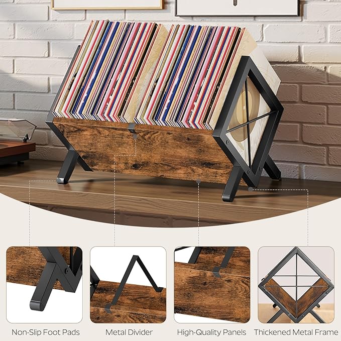 YATINEY Vinyl Record Holder, Record Storage Rack Holds 80-100 LP，Wooden and Metal Record Organizer, Quick Assembly Magazine Holder for CDs, Magazine, Albums, Rustic Brown and Black CJ06BR