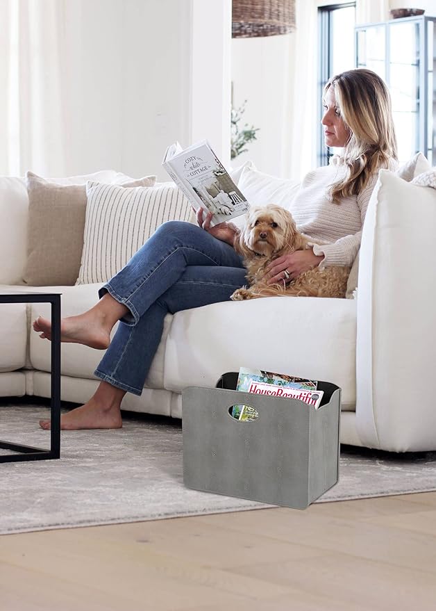 HofferRuffer Magazine Basket Holder, Foldable Magazine Rack, Document File Holder Organizer, File Folder, Newspaper Storage Bin Organizer for Home or Office (Dark Grey Shagreen)