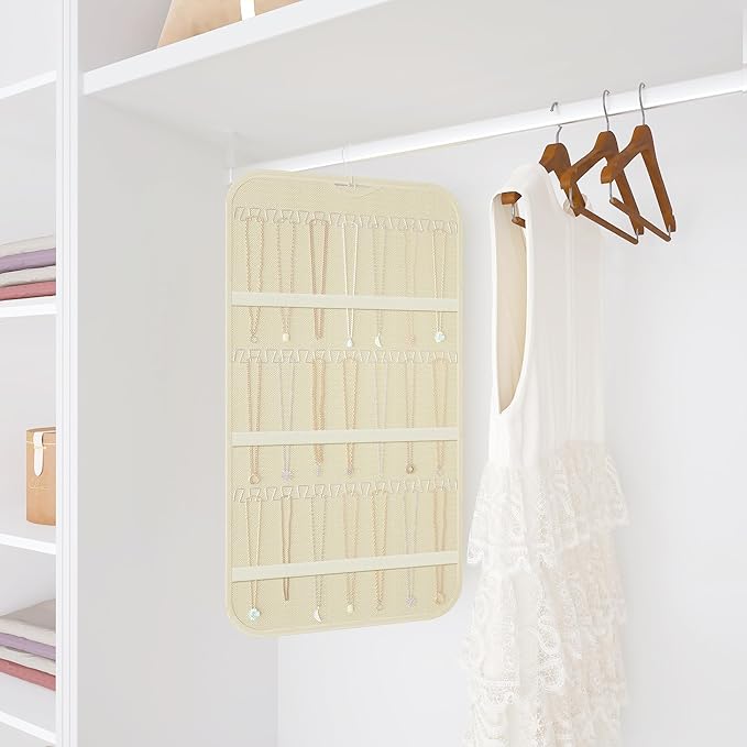 Hanging Jewelry Organizer Storage, 40 Pockets 36 Hooks Necklace Earring Bracelet Ring Organizer, Double - Sided Design, Beige