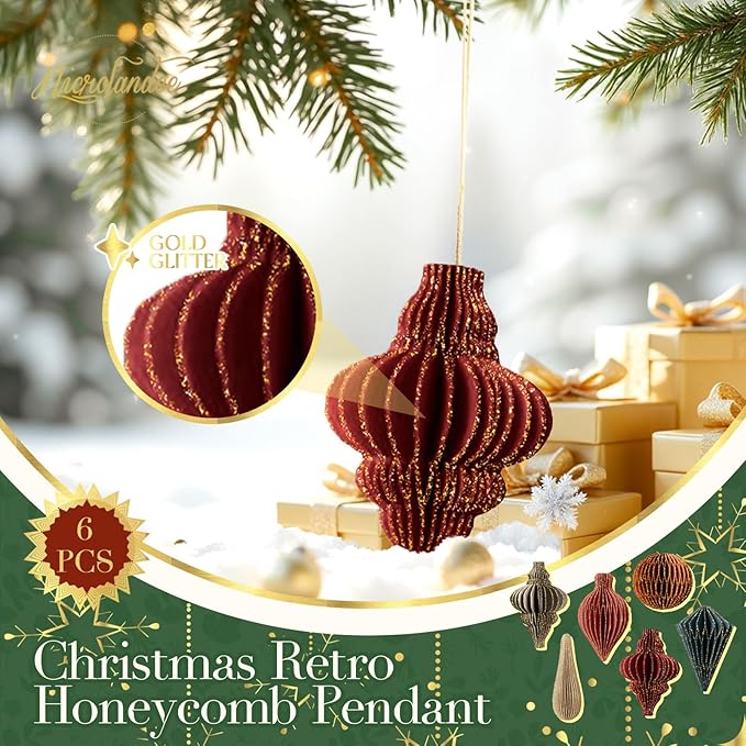NICROLANDEE Christmas Decorations, 6 PCS Christmas Paper Honeycomb Ornaments with Glitter Edge, Mini Hanging Paper Lanterns for Christmas Tree Decoration Xmas Holiday Party New Year Decor
